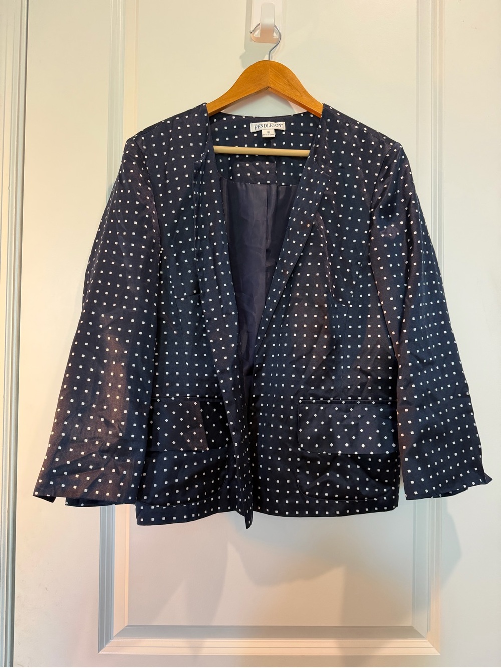 Pendleton Silk Cotton Open Front Jacket Navy Geometric Square Print Women's 16
